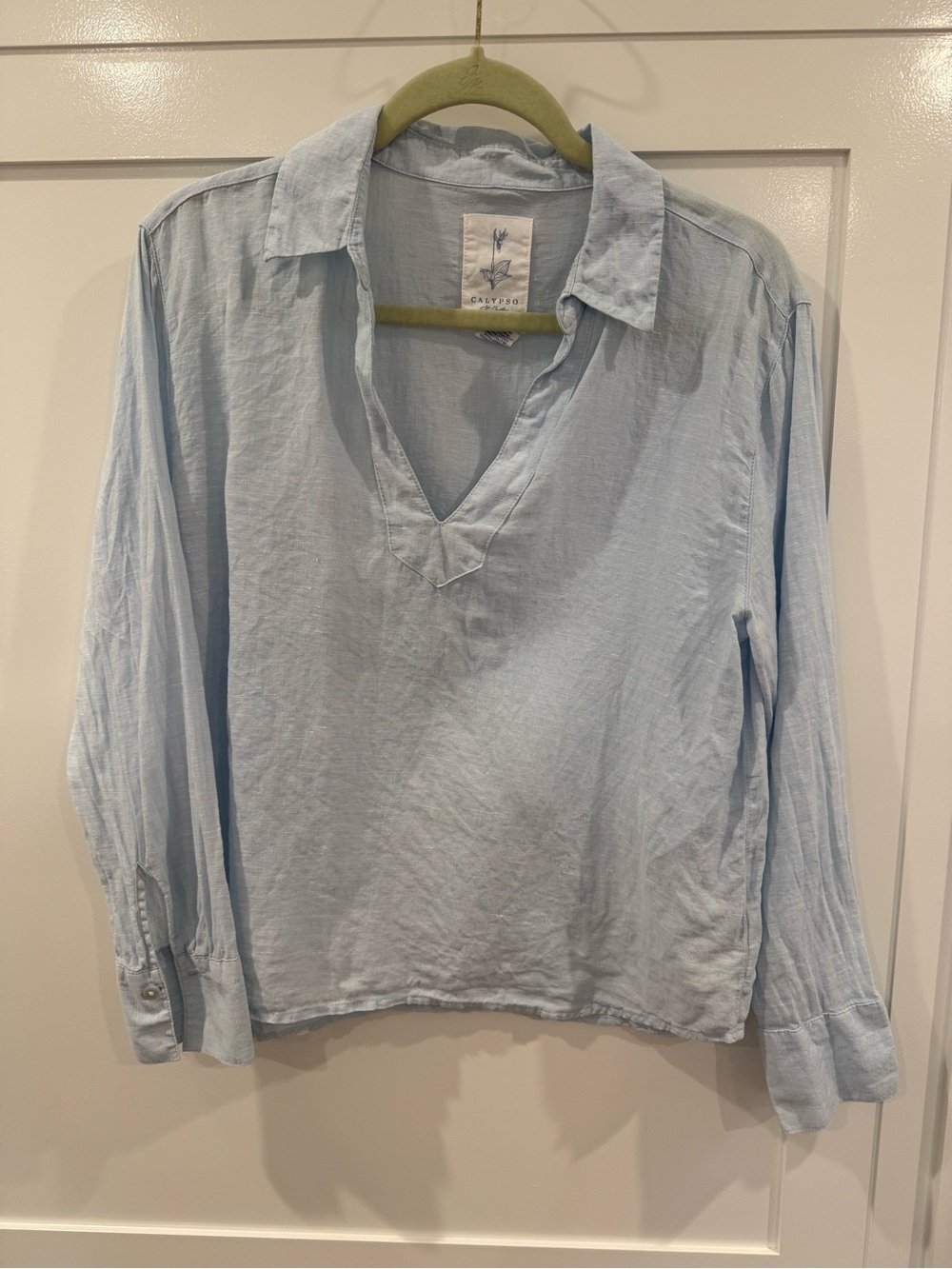 Light Blue Linen-Blend V-Neck Shirt